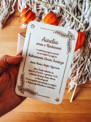 Zaproszenie - KWIATY 01 - Chrzest Święty - - - (drewniane zaproszenie, drewniana kartka)