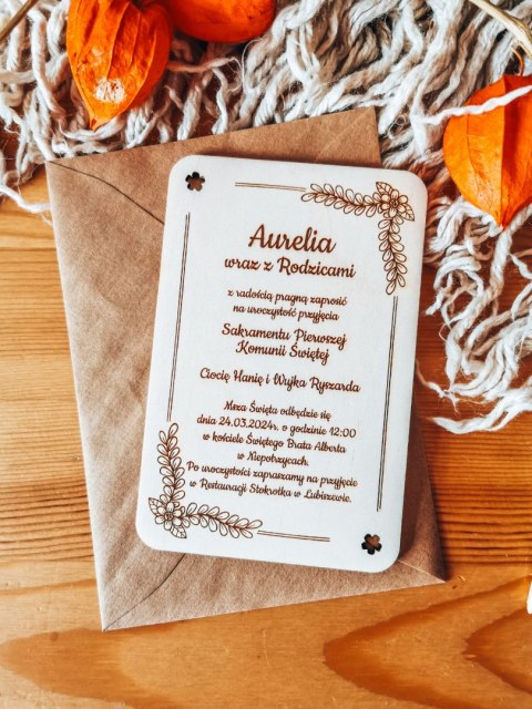Zaproszenie - KWIATY 01 - Komunia - - - (drewniane zaproszenie, drewniana kartka, Pierwsza Komunia Święta)