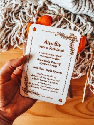 Zaproszenie - KWIATY 01 - Komunia - - - (drewniane zaproszenie, drewniana kartka, Pierwsza Komunia Święta)