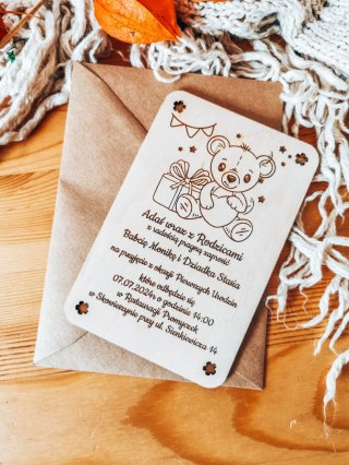 Zaproszenie - MIŚ 01 - Urodziny - - - (drewniane zaproszenie, drewniana kartka, zaproszenia)