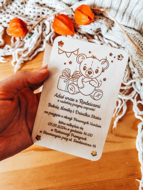 Zaproszenie - MIŚ 01 - Urodziny - - - (drewniane zaproszenie, drewniana kartka, zaproszenia)