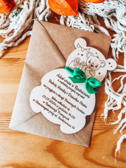 Zaproszenie - MIŚ 02 - Urodziny - - - (drewniane zaproszenie, drewniana kartka, zaproszenia)