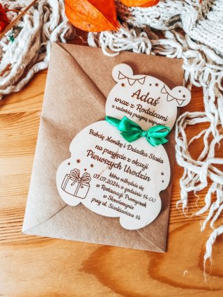 Zaproszenie - MIŚ 03 - Urodziny - - - (drewniane zaproszenie, drewniana kartka, zaproszenia)