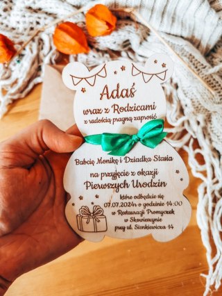 Zaproszenie - MIŚ 03 - Urodziny - - - (drewniane zaproszenie, drewniana kartka, zaproszenia)