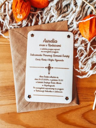 Zaproszenie - ORNAMENT 01 - Komunia - - - (drewniane zaproszenie, drewniana kartka, Pierwsza Komunia Święta)