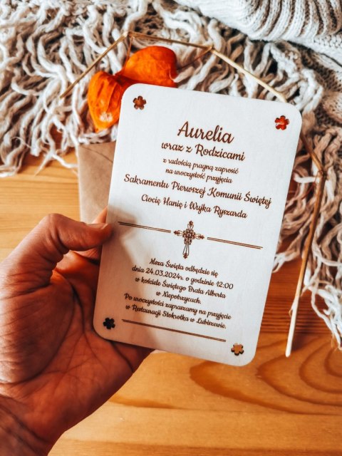 Zaproszenie - ORNAMENT 01 - Komunia - - - (drewniane zaproszenie, drewniana kartka, Pierwsza Komunia Święta)