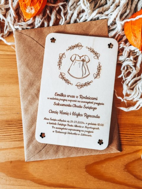 Zaproszenie - SUKIENKA - Chrzest Święty - - - (drewniane zaproszenie, drewniana kartka)