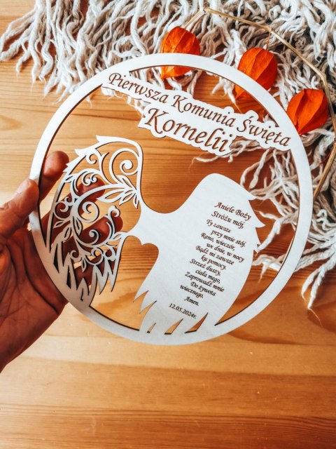 Anioł Stróż MODLITWA - KOMUNIA (1szt) - - - (pamiątka pierwszej komunii, koło, obręcz do aniołka makramy łapacza snów)