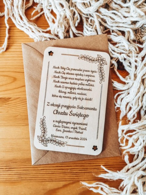Drewniana Kartka - ŻYCZENIA z okazji Chrztu - (dowolny tekst)