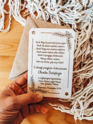 Drewniana Kartka - ŻYCZENIA z okazji Chrztu - (dowolny tekst)