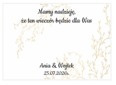 Kartka na BAJECZNY podziękowanie - wzór 03 - złote gałązki - - - (kartonik na czekoladkę dla gości, upominek)