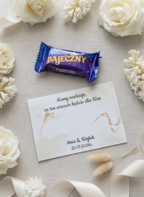 Kartka na BAJECZNY podziękowanie - wzór 05 - złoty AA - - - (kartonik na czekoladkę dla gości, upominek)