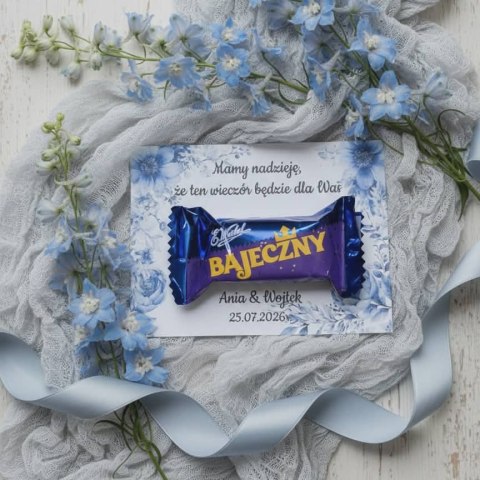 Kartka na BAJECZNY podziękowanie - wzór 08 - niebieskie kwiaty A - - - (kartonik na czekoladkę dla gości, upominek)