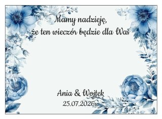 Kartka na BAJECZNY podziękowanie - wzór 08 - niebieskie kwiaty A - - - (kartonik na czekoladkę dla gości, upominek)