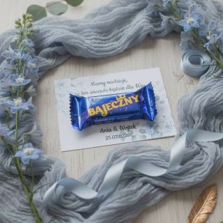 Kartka na BAJECZNY podziękowanie - wzór 09 - niebieskie kwiaty B - - - (kartonik na czekoladkę dla gości, upominek)