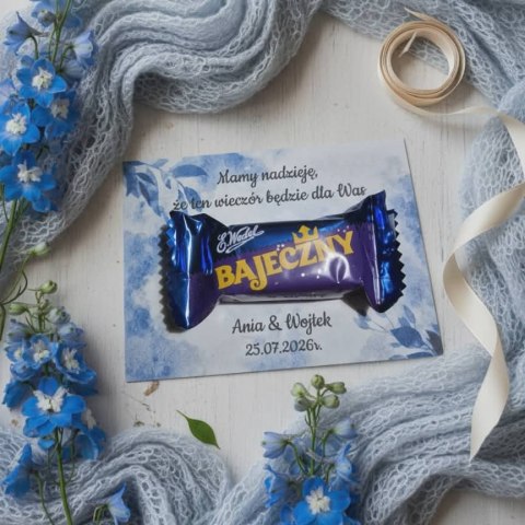 Kartka na BAJECZNY podziękowanie - wzór 10 - niebieskie kwiaty C - - - (kartonik na czekoladkę dla gości, upominek)