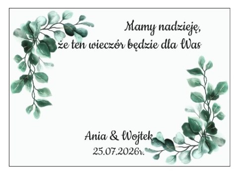 Kartka na BAJECZNY podziękowanie - wzór 12 - eukaliptus A - - - (kartonik na czekoladkę dla gości, upominek)