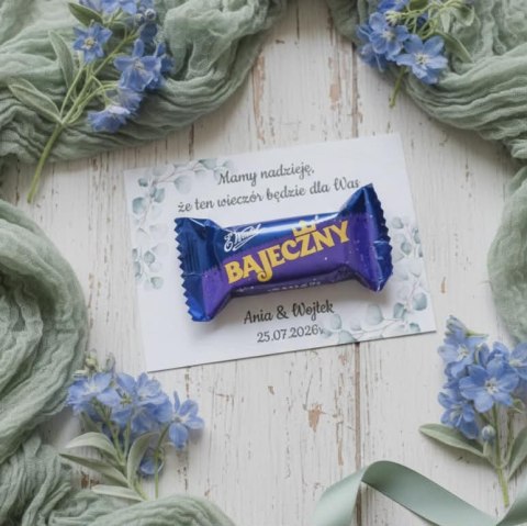 Kartka na BAJECZNY podziękowanie - wzór 13 - eukaliptus B - - - (kartonik na czekoladkę dla gości, upominek)