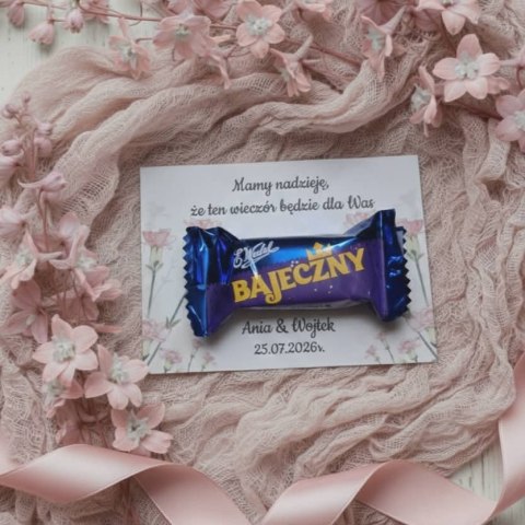 Kartka na BAJECZNY podziękowanie - wzór 15 - goździki różowe - - - (kartonik na czekoladkę dla gości, upominek)