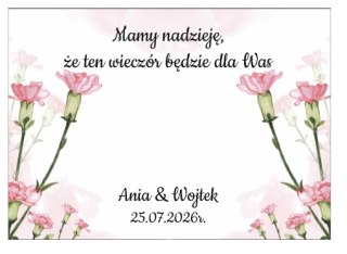 Kartka na BAJECZNY podziękowanie - wzór 15 - goździki różowe - - - (kartonik na czekoladkę dla gości, upominek)