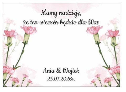 Kartka na BAJECZNY podziękowanie - wzór 15 - goździki różowe - - - (kartonik na czekoladkę dla gości, upominek)