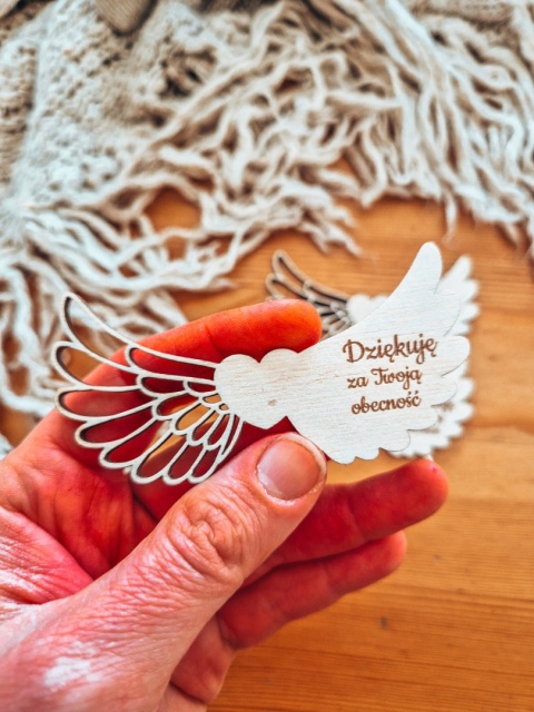 Skrzydła ! 3szt ! - Dziękuję za obecność (9cm/12cm) ażurowe - - - (skrzydełka do aniołka, anioła, aniołek, anioł, podziękowania)