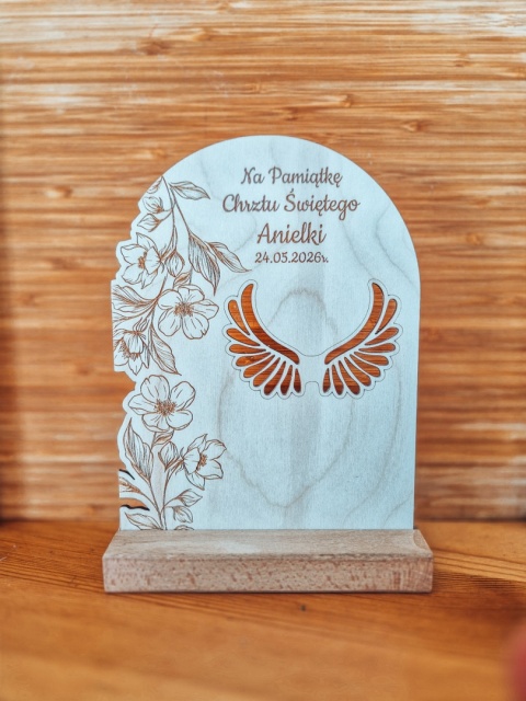 TABLICZKA STOJĄCA (1szt) - Pamiątka Chrztu - klasyczna 14,5cm x 19,5cm - - - (skrzydła dla anioła, podziękowanie, chrzest)