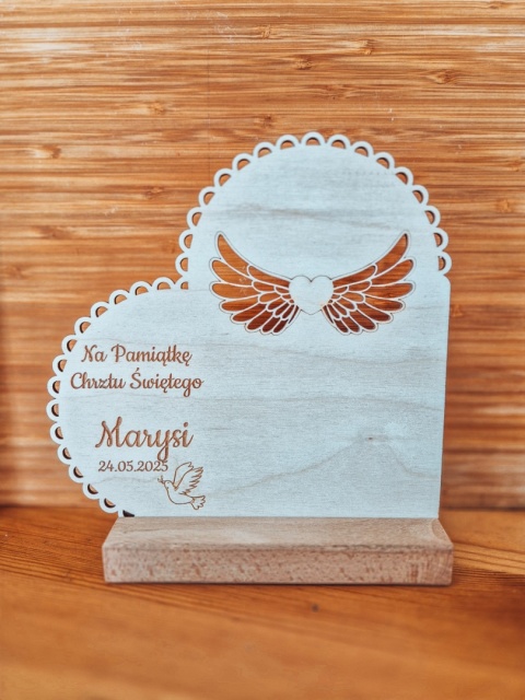 TABLICZKA STOJĄCA (1szt) - Pamiątka Chrztu - serce 18cm x 18cm - - - (skrzydła dla anioła, podziękowanie, chrzest)