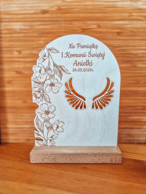 TABLICZKA STOJĄCA (1szt) - Pamiątka Komunii - klasyczna 14,5cm x 19,5cm - - - (skrzydła dla anioła, podziękowanie, komunia)