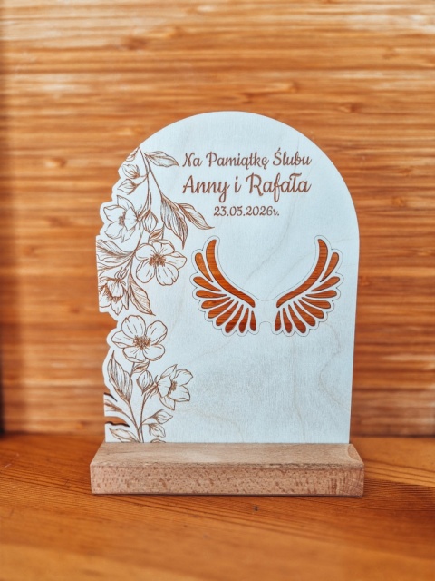 TABLICZKA STOJĄCA (1szt) - Pamiątka Ślubu - klasyczna 14,5cm x 19,5cm - - - (skrzydła dla anioła, podziękowanie, ślub)