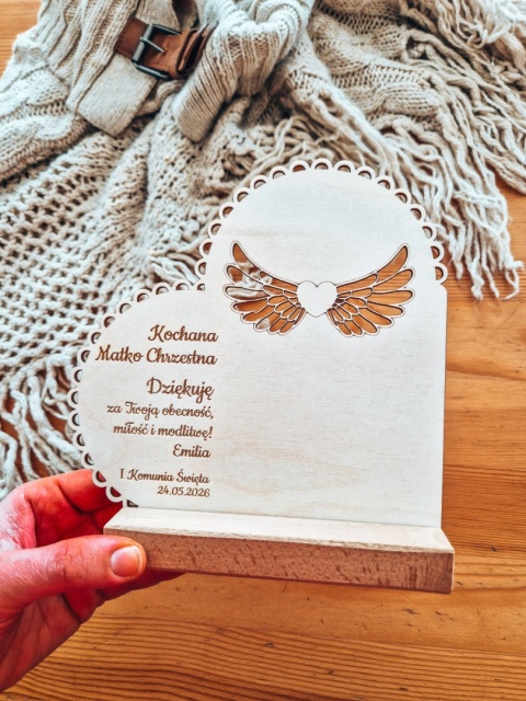 TABLICZKA STOJĄCA (1szt) - Podziękowanie - serce 18cm x 18cm - - - (skrzydła dla anioła, dla rodziców chrzestnych, ślub)