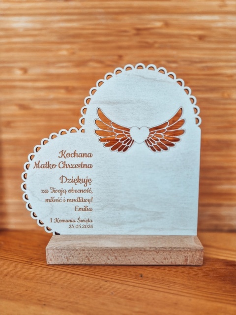 TABLICZKA STOJĄCA (1szt) - Podziękowanie - serce 18cm x 18cm - - - (skrzydła dla anioła, dla rodziców chrzestnych, ślub)