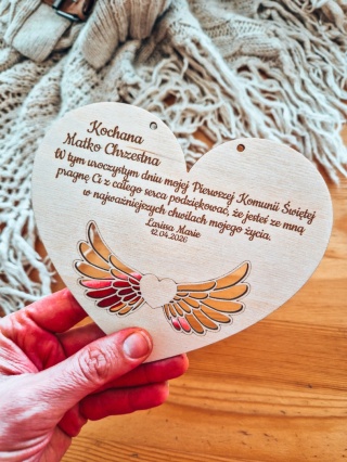 Tabliczka na aniołka - SERCE 14,5cm - Podziękowanie dla Chrzestnych - - - (dowolny tekst, pamiątka)